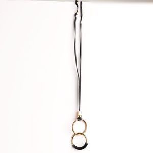 Necklace Black Leather w/Metal Ring Details 22" Long Adjustable Statement Piece